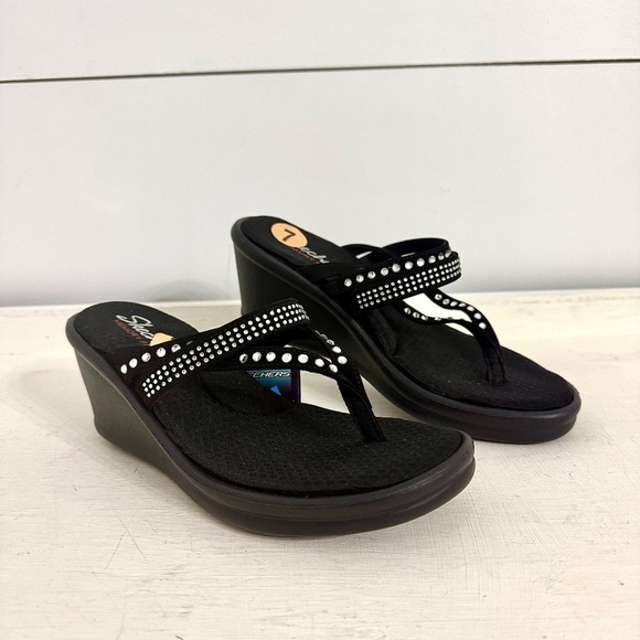 Skechers Black Rhinestone Cali Rumblers Comfort Slip On Wedge Sandals Size 7 - Picture 9 of 16